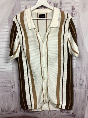 PacSun Textured Knit Polo Brown Cream Stripe Button Front M